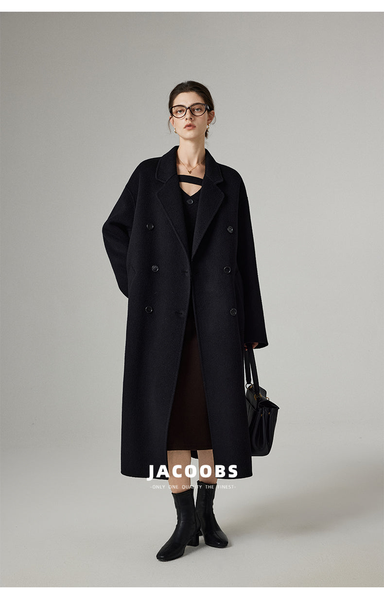 Çift Taraflı Saf Yün Sade Şıklık Uzun Kaban