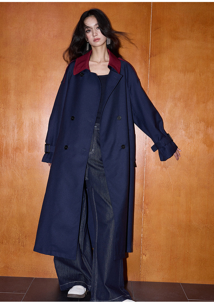 Kontrast Detaylı Retro Tarz Orta Boy Loose Trençkot