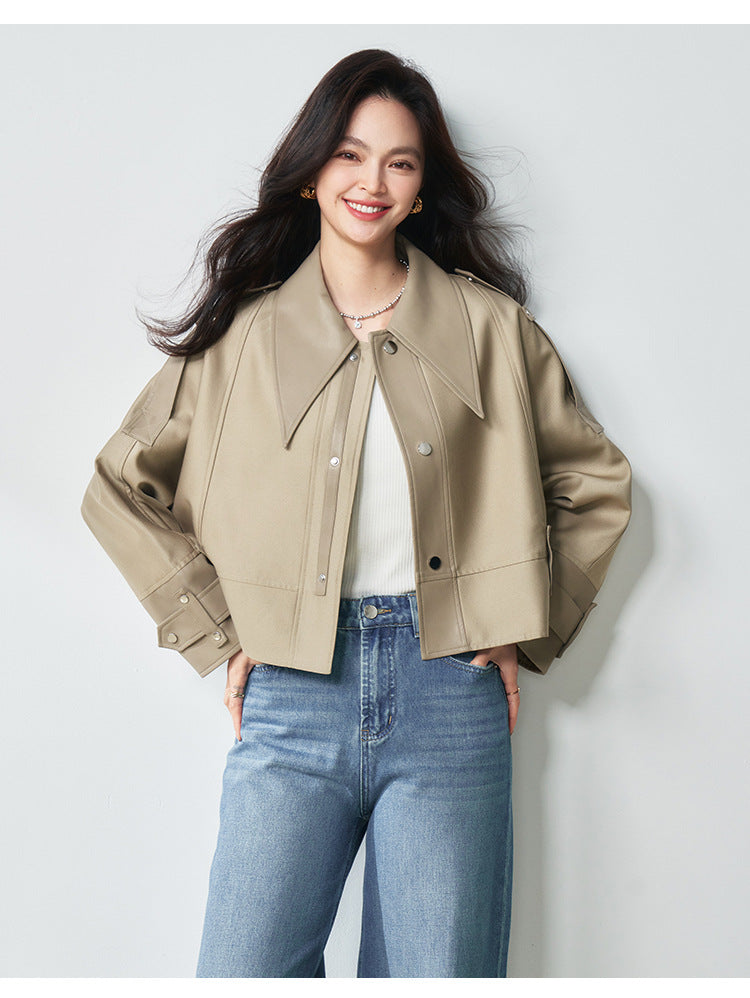 Western Stil Düğmeli Oversize Kısa Deri Ceket