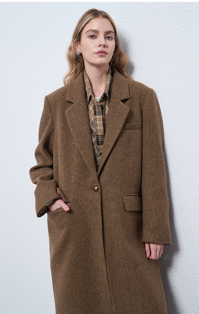 “Old Money” Tarzı Klasik Houndstooth Desenli Uzun Yün Kaban