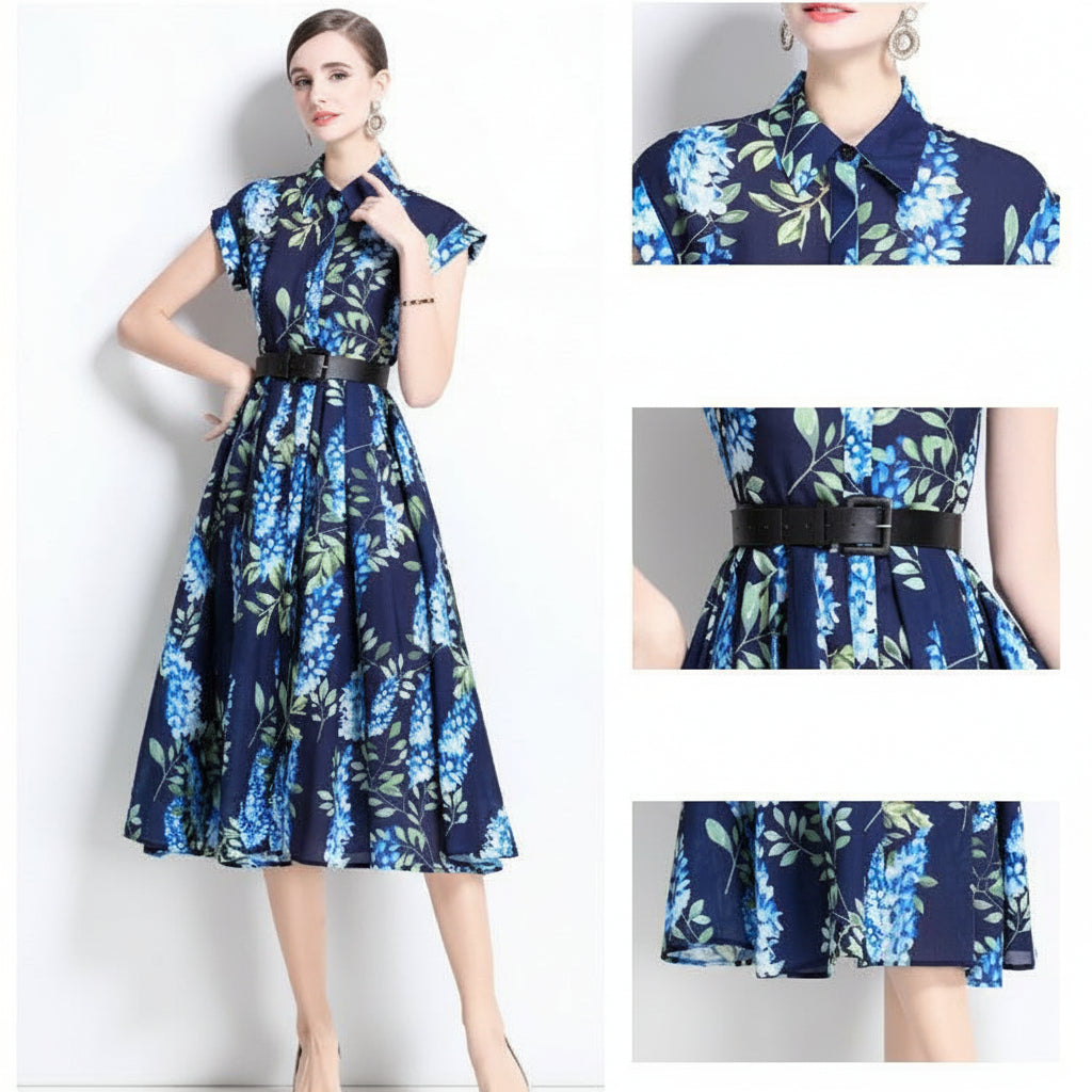 Polo Yaka Baskılı Şık Midi Elbise