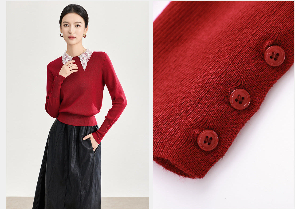 Dantel İşlemeli Yaka Detaylı Triko Bluz