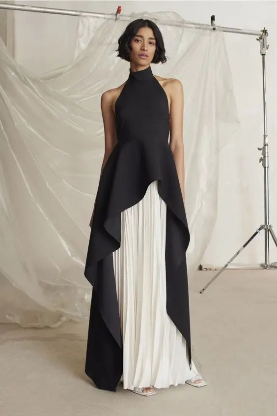 Couture Siyah ve Beyaz Pileli Uzun Abiye Elbise- 2 Parça