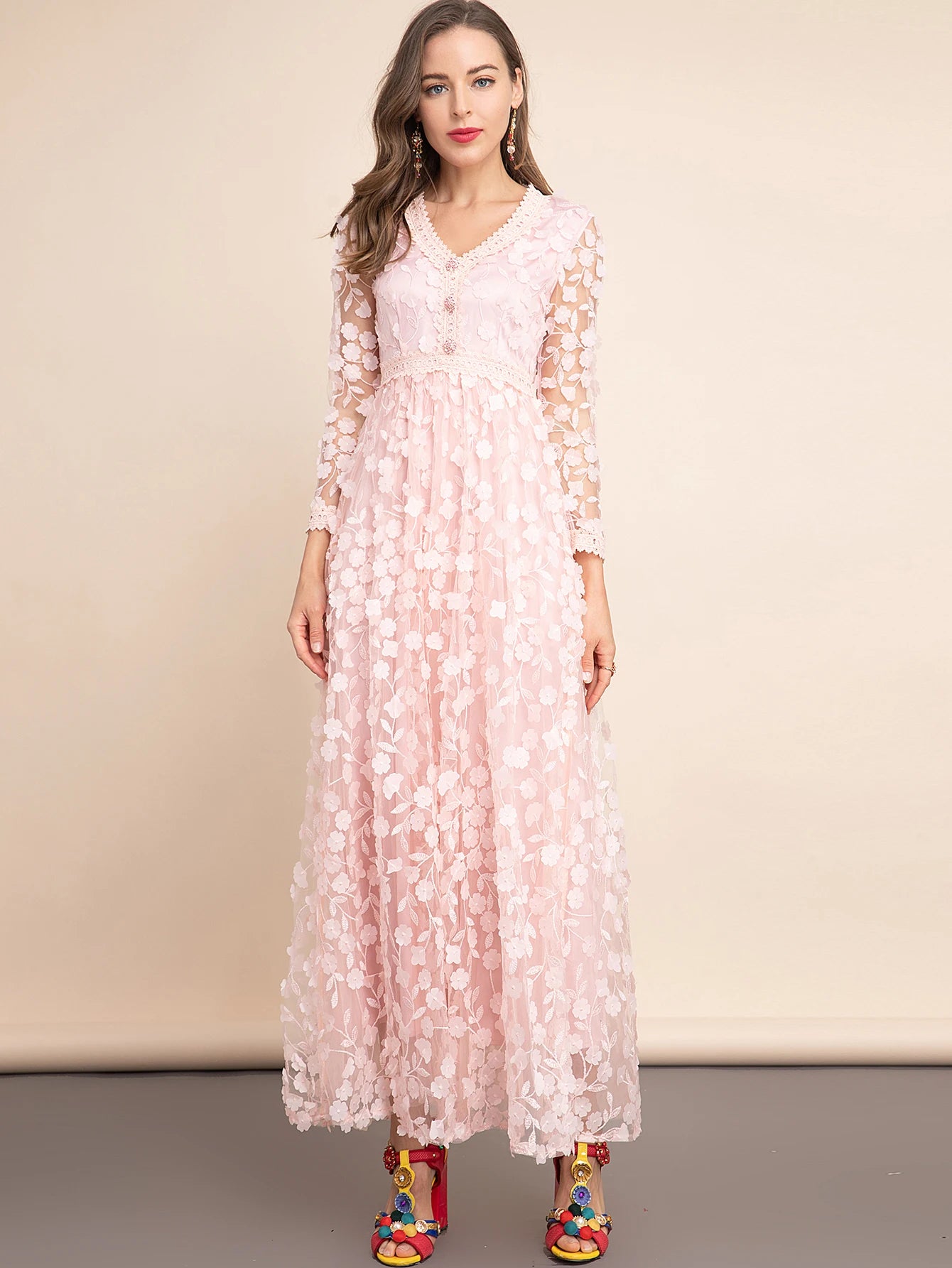 Elegant Nakışlı Pembe Tül Elbise