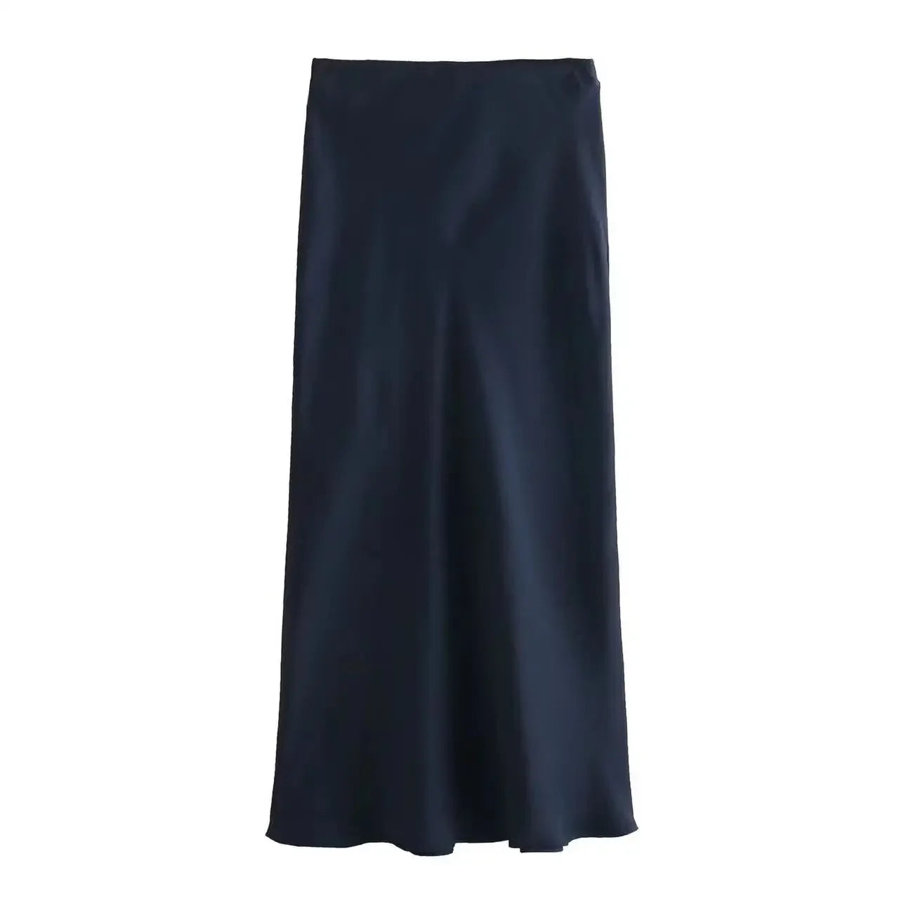 Düz Saten Yüksek Bel Slim Fit Midi Etek