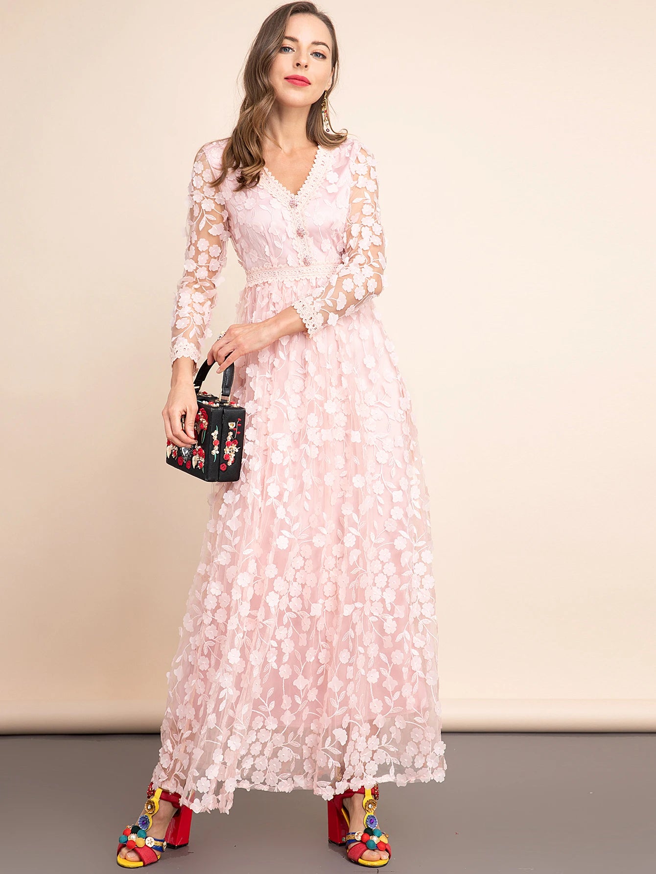 Elegant Nakışlı Pembe Tül Elbise