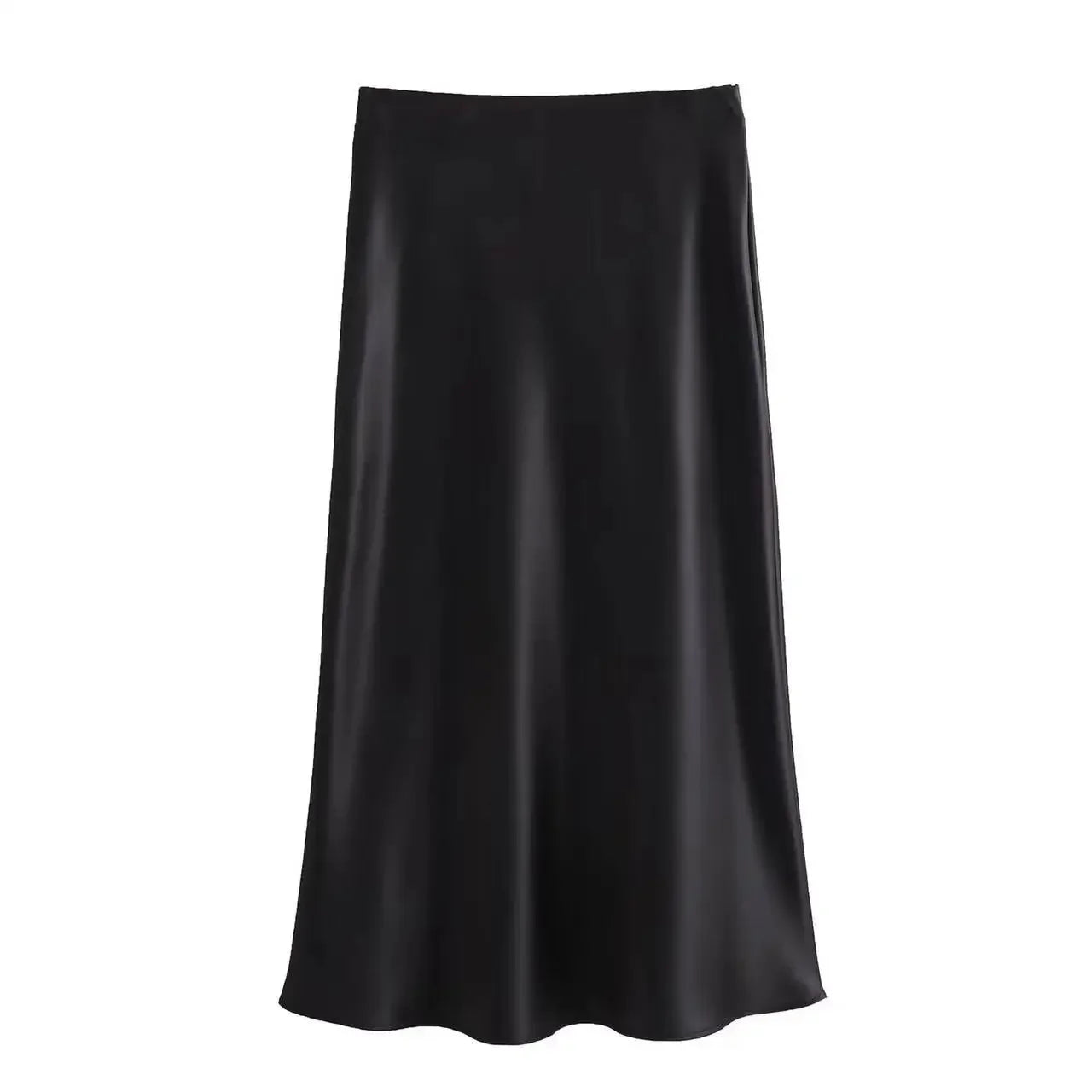 Düz Saten Yüksek Bel Slim Fit Midi Etek