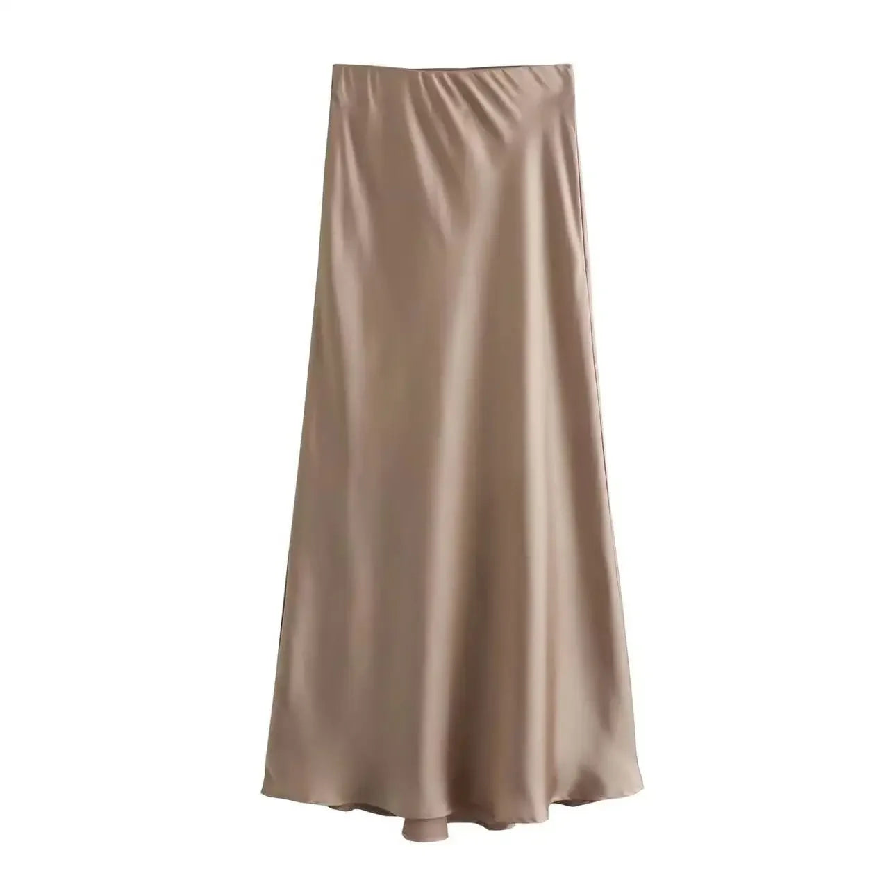 Düz Saten Yüksek Bel Slim Fit Midi Etek