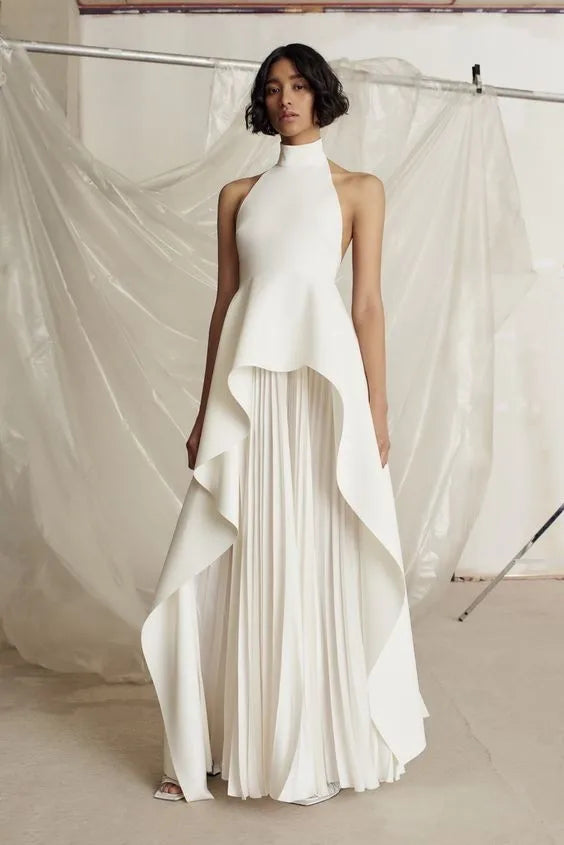 Couture Siyah ve Beyaz Pileli Uzun Abiye Elbise- 2 Parça