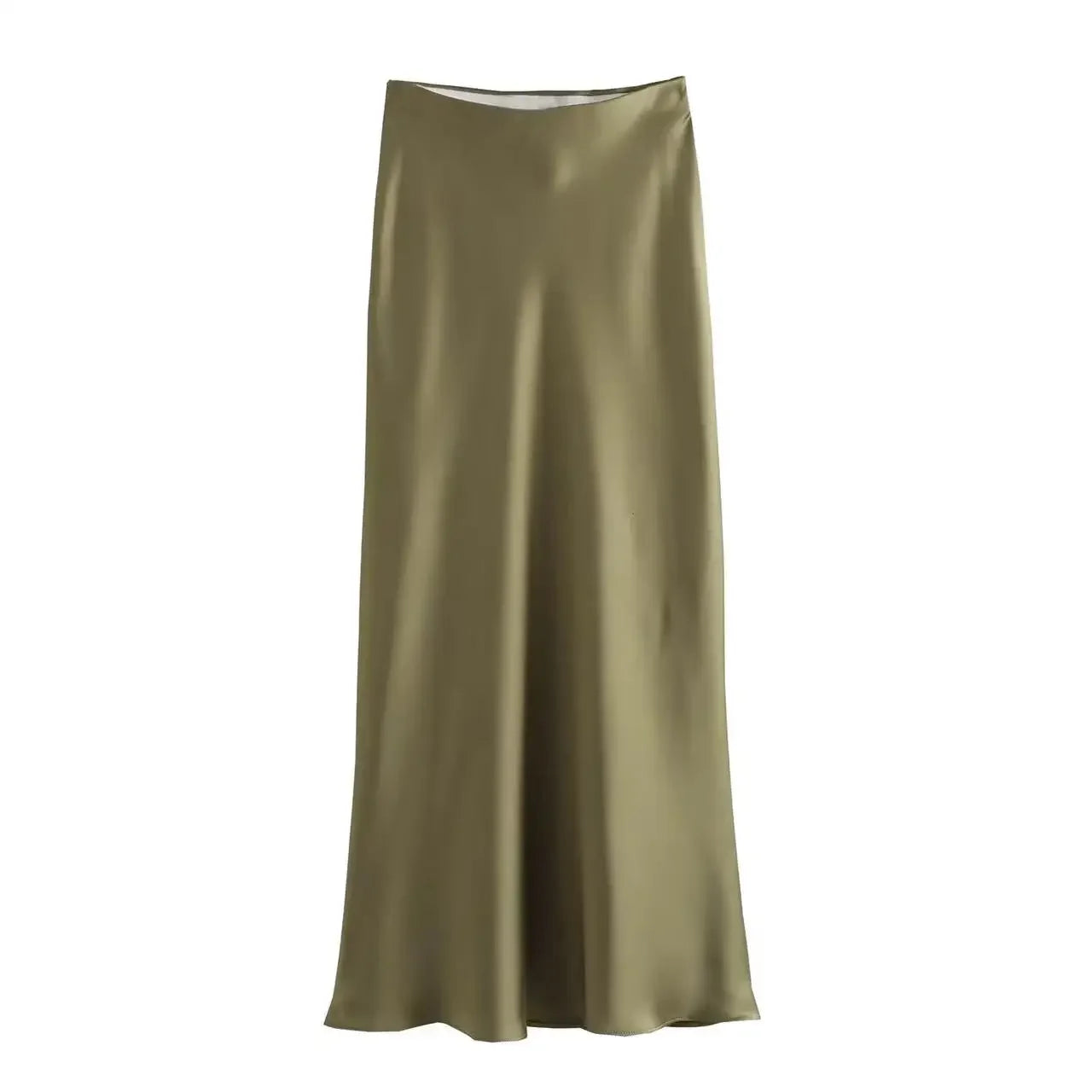 Düz Saten Yüksek Bel Slim Fit Midi Etek