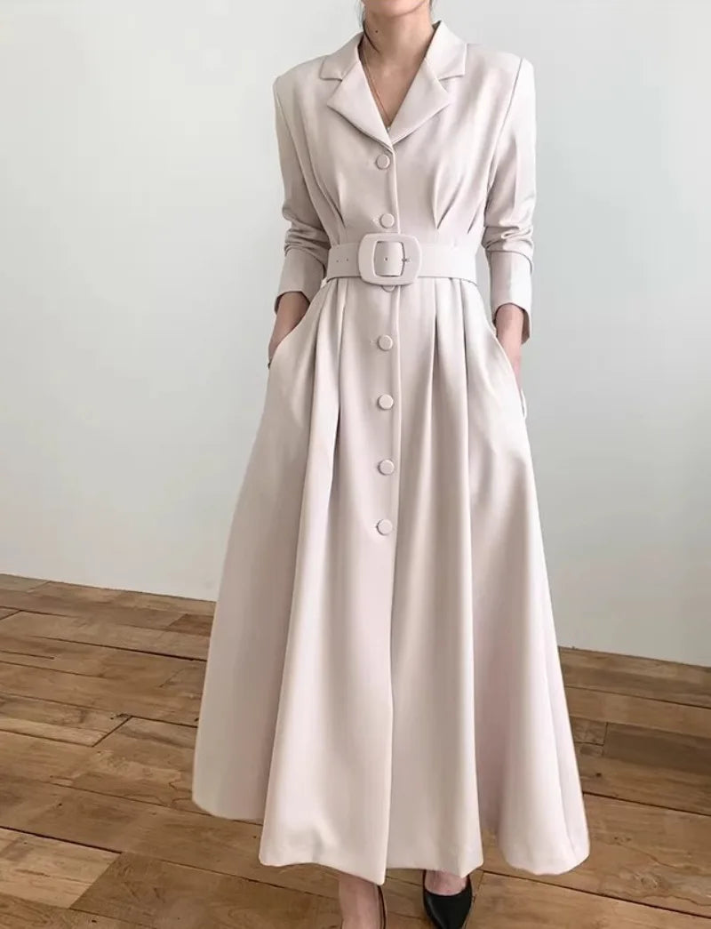 Vintage Uzun Kollu Elbise – Çentikli Yaka & Kuşak Detaylı
