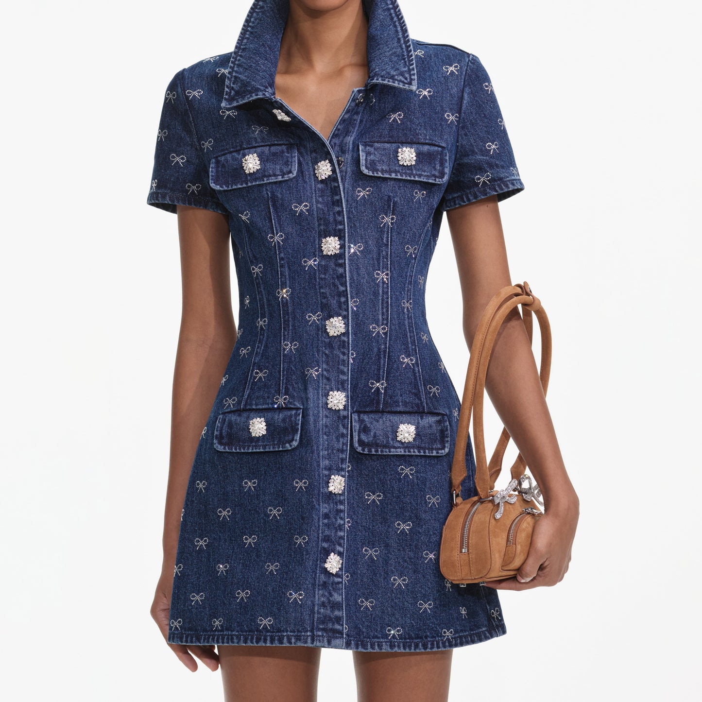 Denim Taş İşlemeli Fiyonklu Mini Elbise