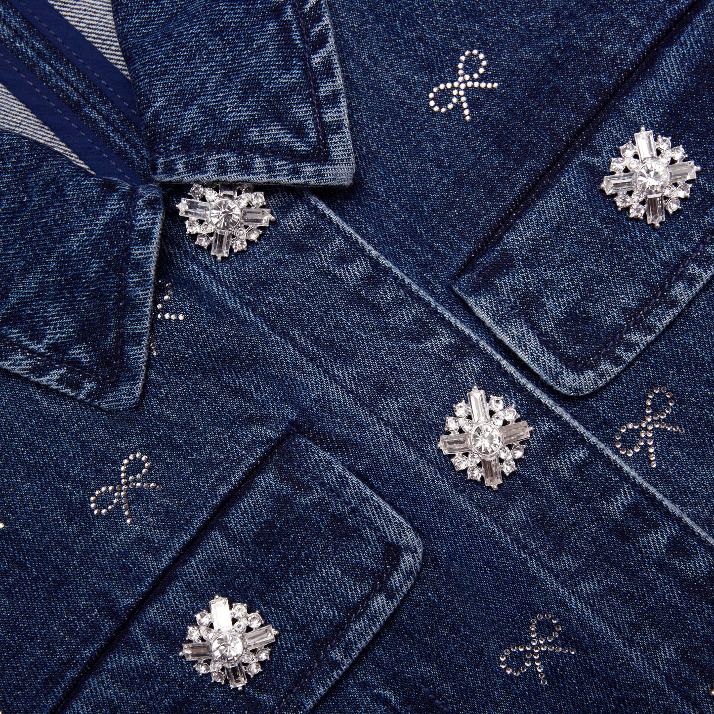 Denim Taş İşlemeli Fiyonklu Mini Elbise