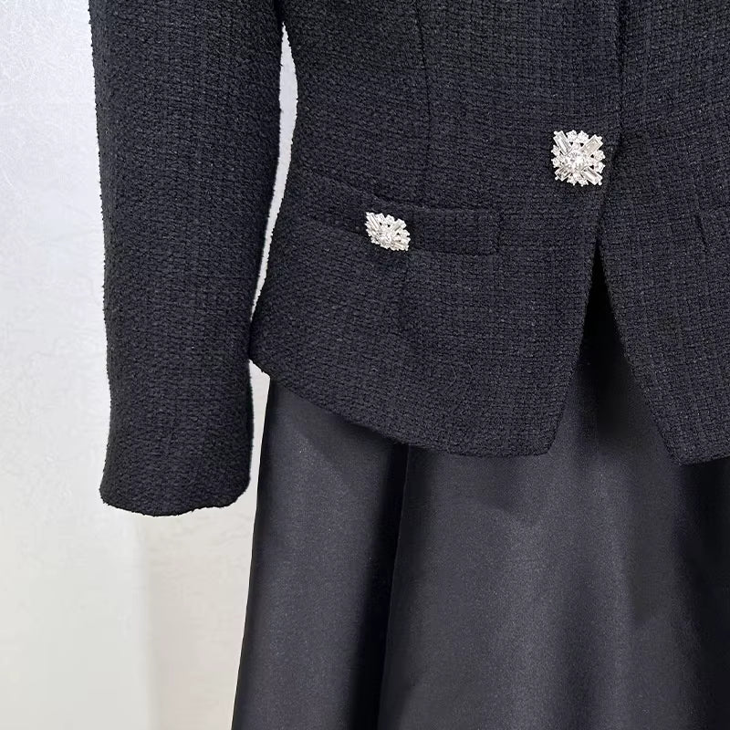 Fransız Retro Patchwork Siyah Uzun Elbise