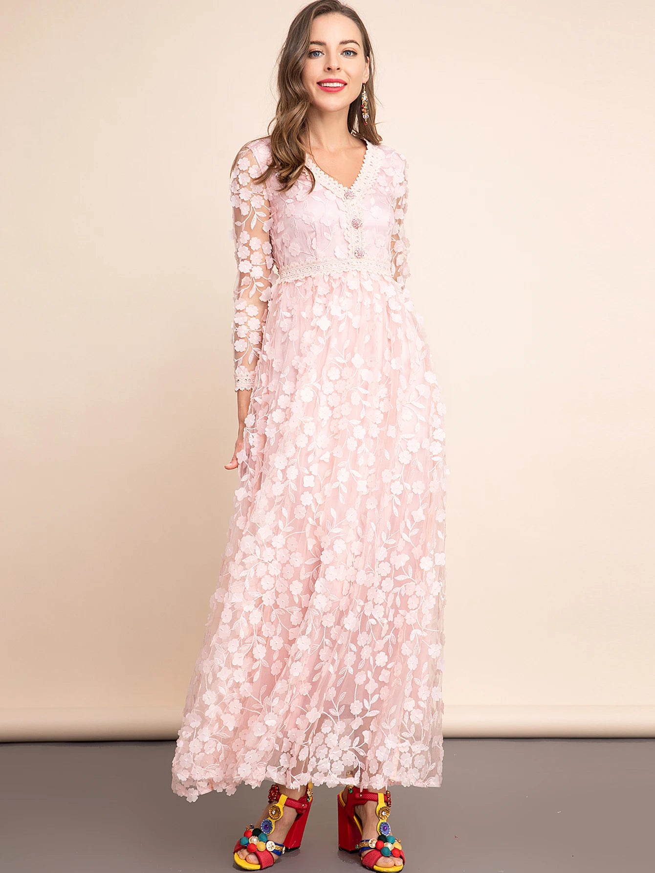 Elegant Nakışlı Pembe Tül Elbise