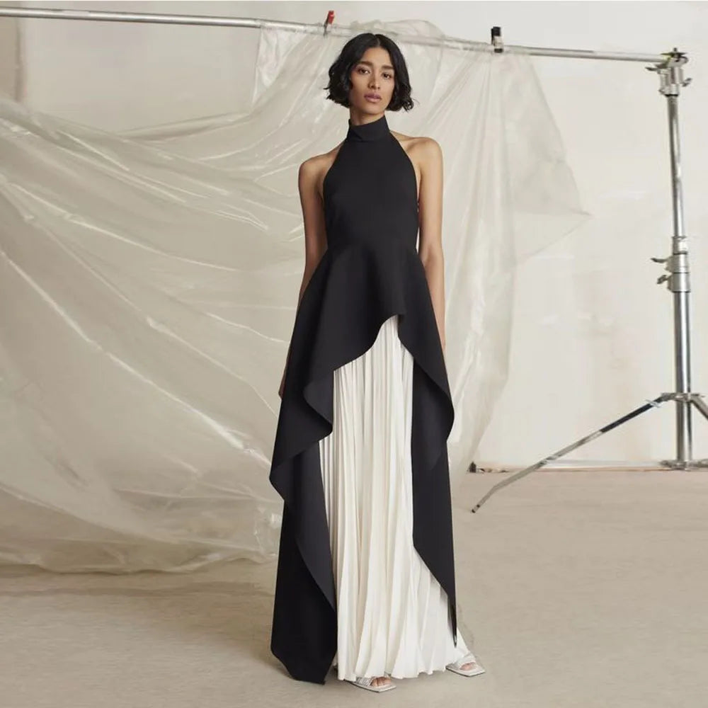 Couture Siyah ve Beyaz Pileli Uzun Abiye Elbise- 2 Parça