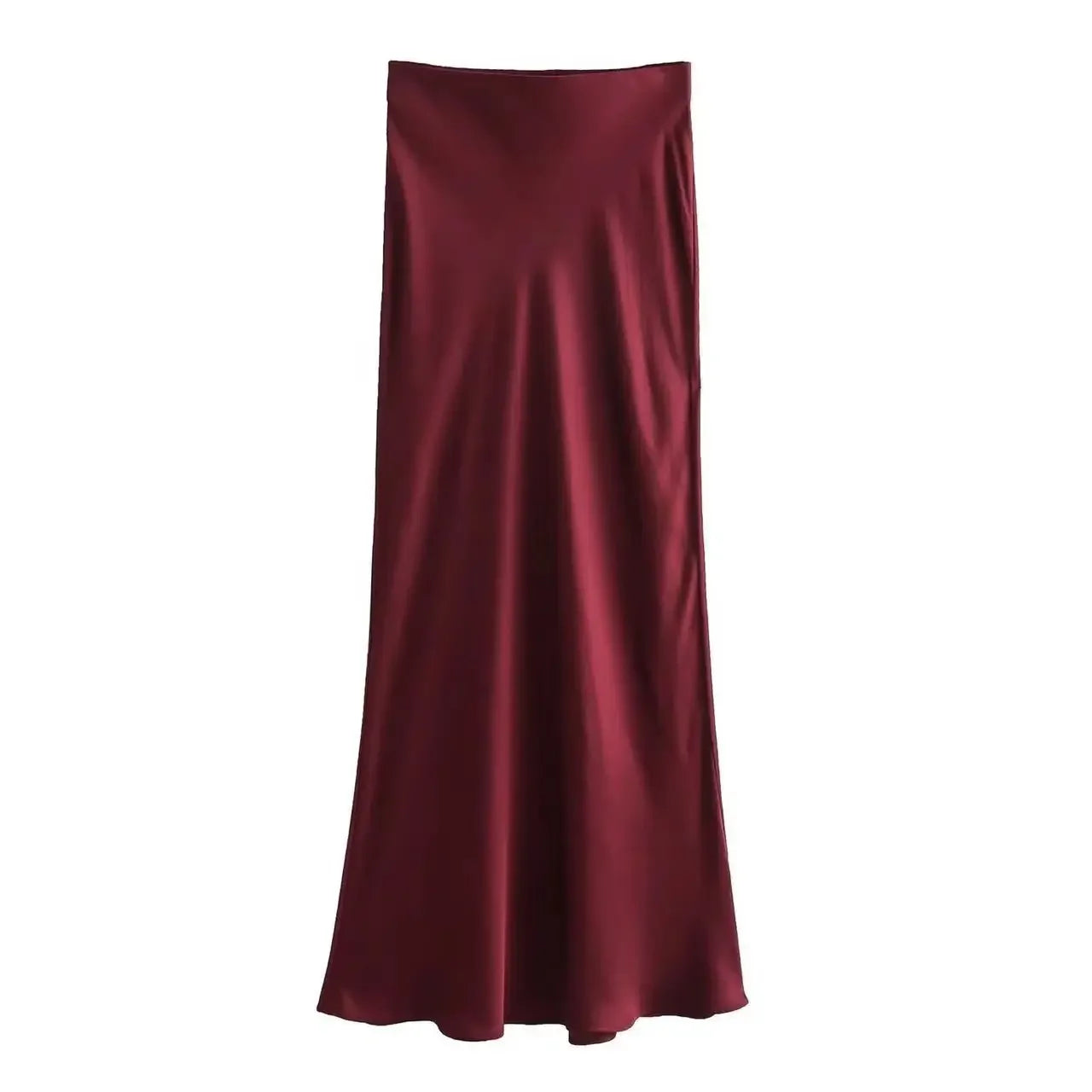 Düz Saten Yüksek Bel Slim Fit Midi Etek