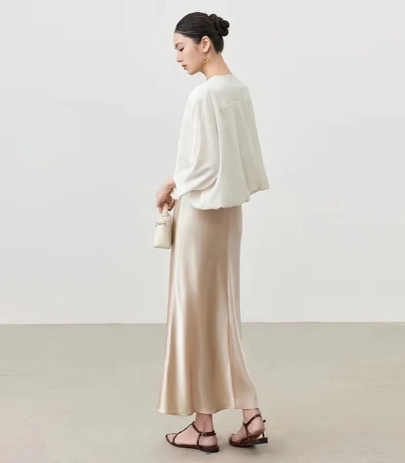 Düz Saten Yüksek Bel Slim Fit Midi Etek