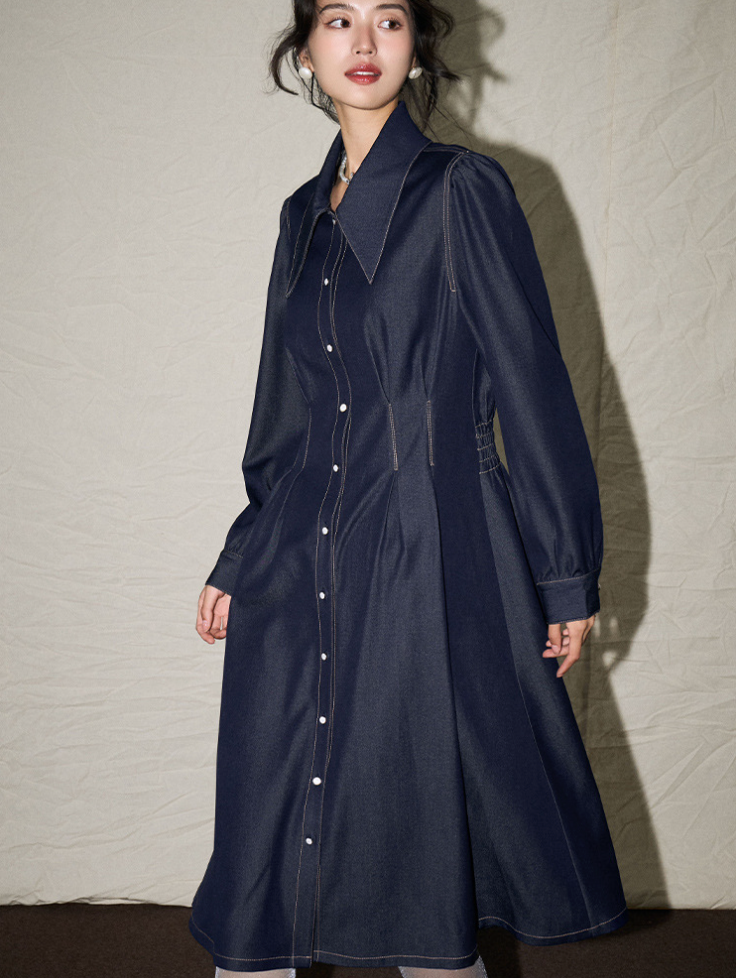 Düğmeli Yaka Detaylı Denim Elbise