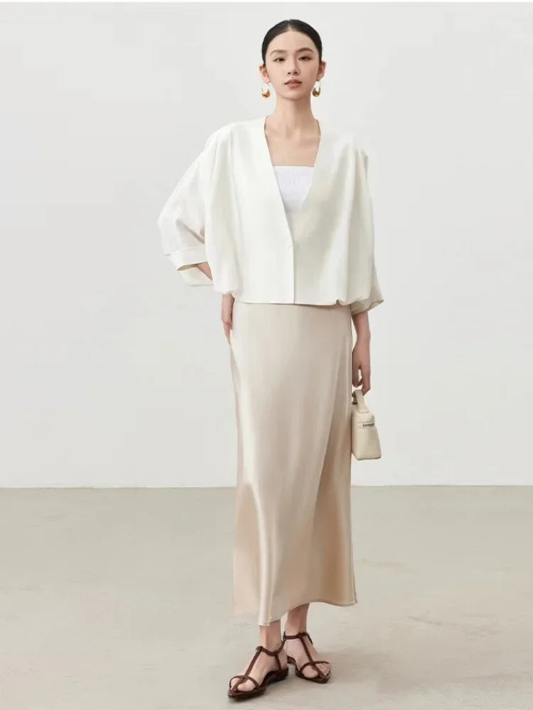 Düz Saten Yüksek Bel Slim Fit Midi Etek