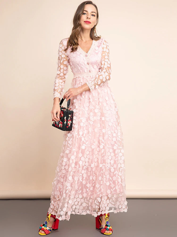 Elegant Nakışlı Pembe Tül Elbise