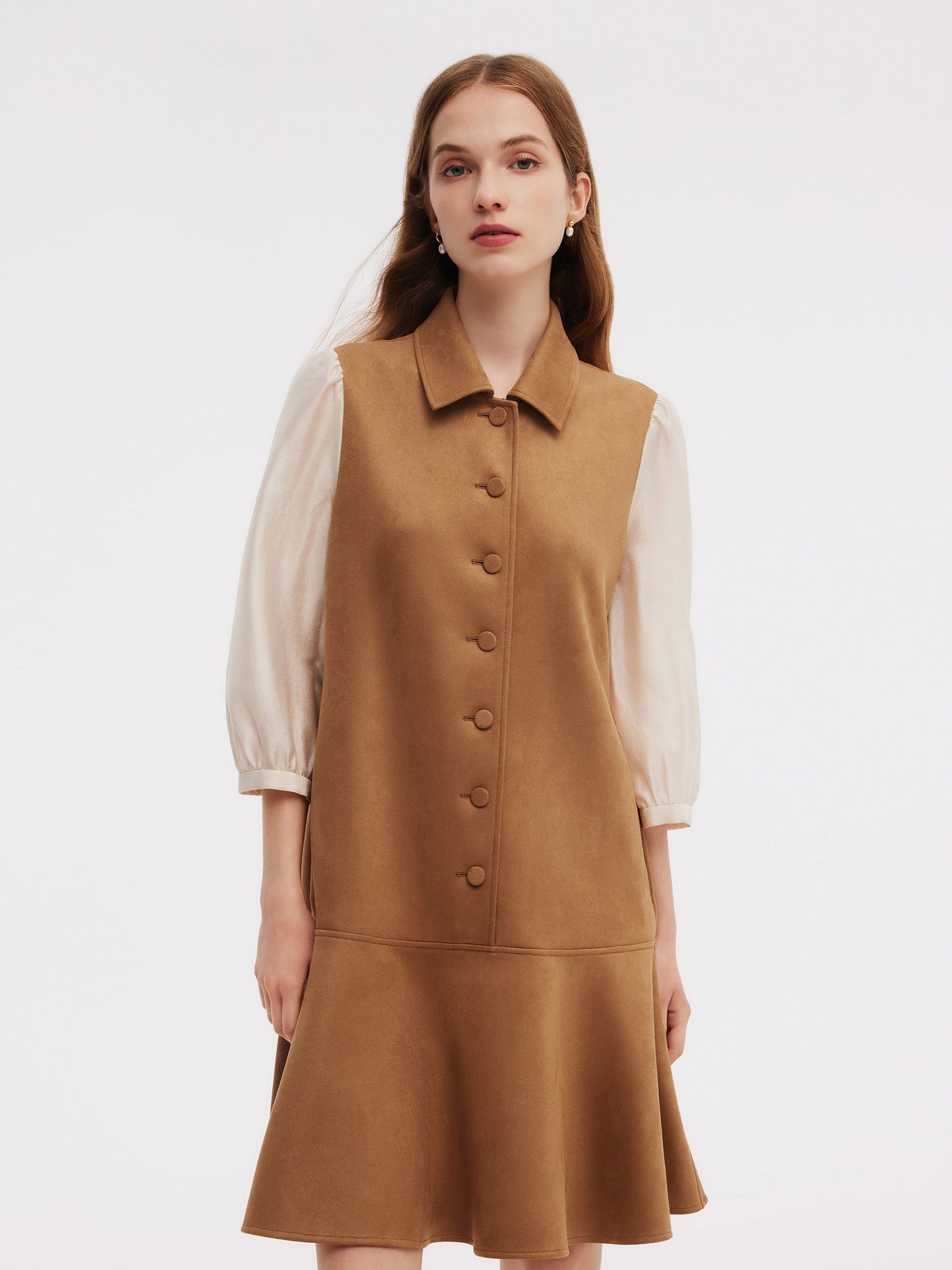 Kahve Suede Dantel Splicing Elbise