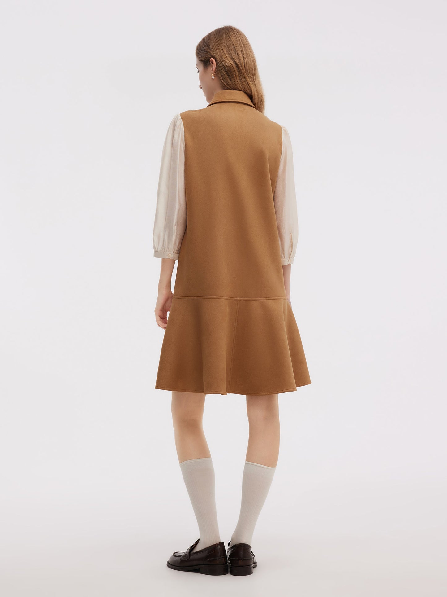 Kahve Suede Dantel Splicing Elbise