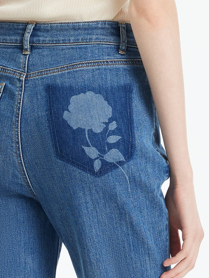 Denim Gül Desenli Kadın Flare Kot Pantolon