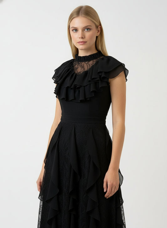 Prenses Tarzı Fırfırlı Stand Yaka Dantel Elbise