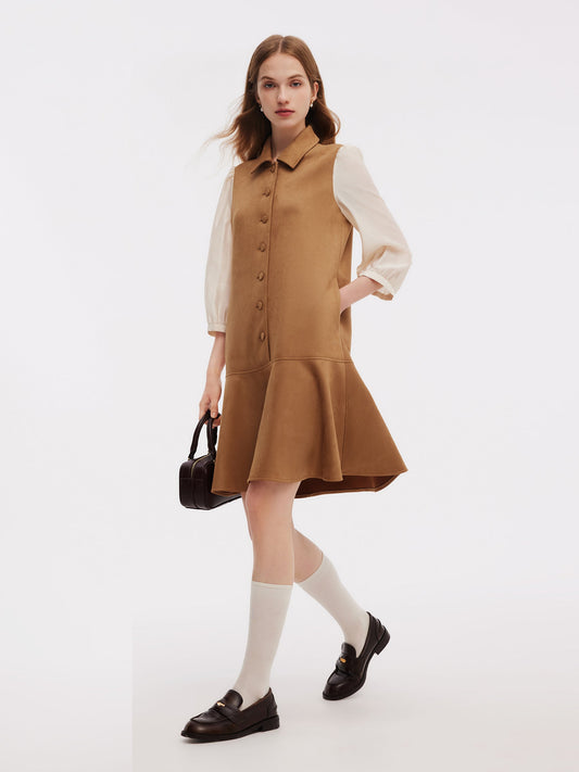 Kahve Suede Dantel Splicing Elbise