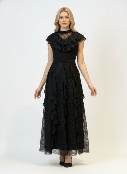 Prenses Tarzı Fırfırlı Stand Yaka Dantel Elbise