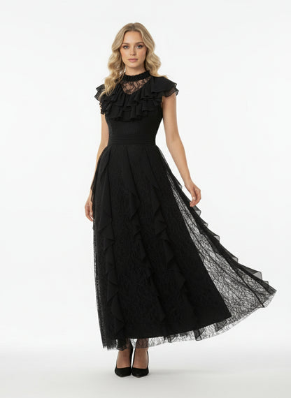 Prenses Tarzı Fırfırlı Stand Yaka Dantel Elbise