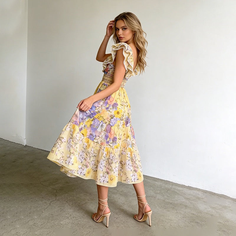 Fleur Fırfır Kollu Çiçek Desenli Midi Elbise