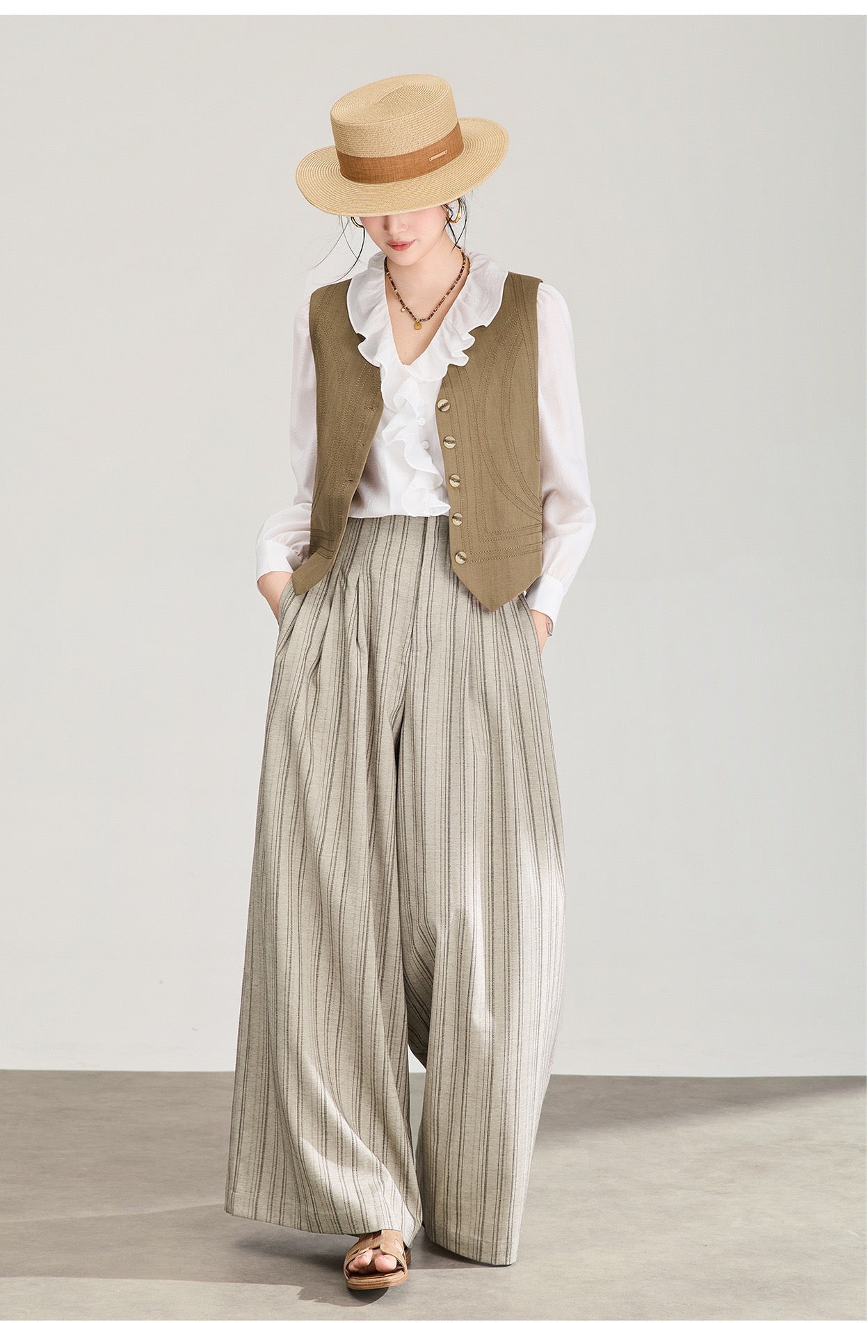 Maren Tencel Çizgili Bol Paça Pantolon