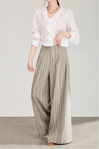 Maren Tencel Çizgili Bol Paça Pantolon