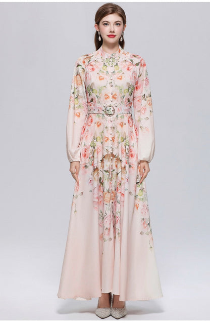Valeria Vintage Desenli Kemerli Maxi Elbise