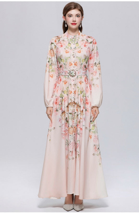 Valeria Vintage Desenli Kemerli Maxi Elbise