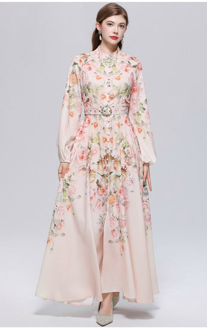 Valeria Vintage Desenli Kemerli Maxi Elbise