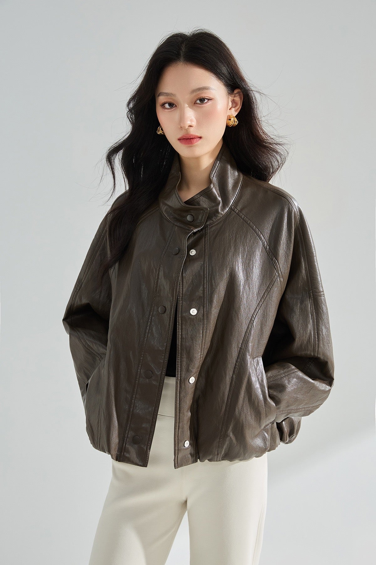 Sorelle Dik Yaka Oversize Suni Deri Ceket