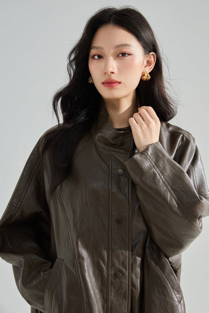 Sorelle Dik Yaka Oversize Suni Deri Ceket