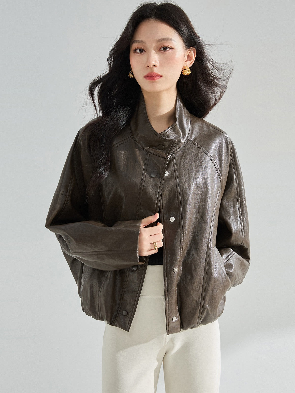 Sorelle Dik Yaka Oversize Suni Deri Ceket
