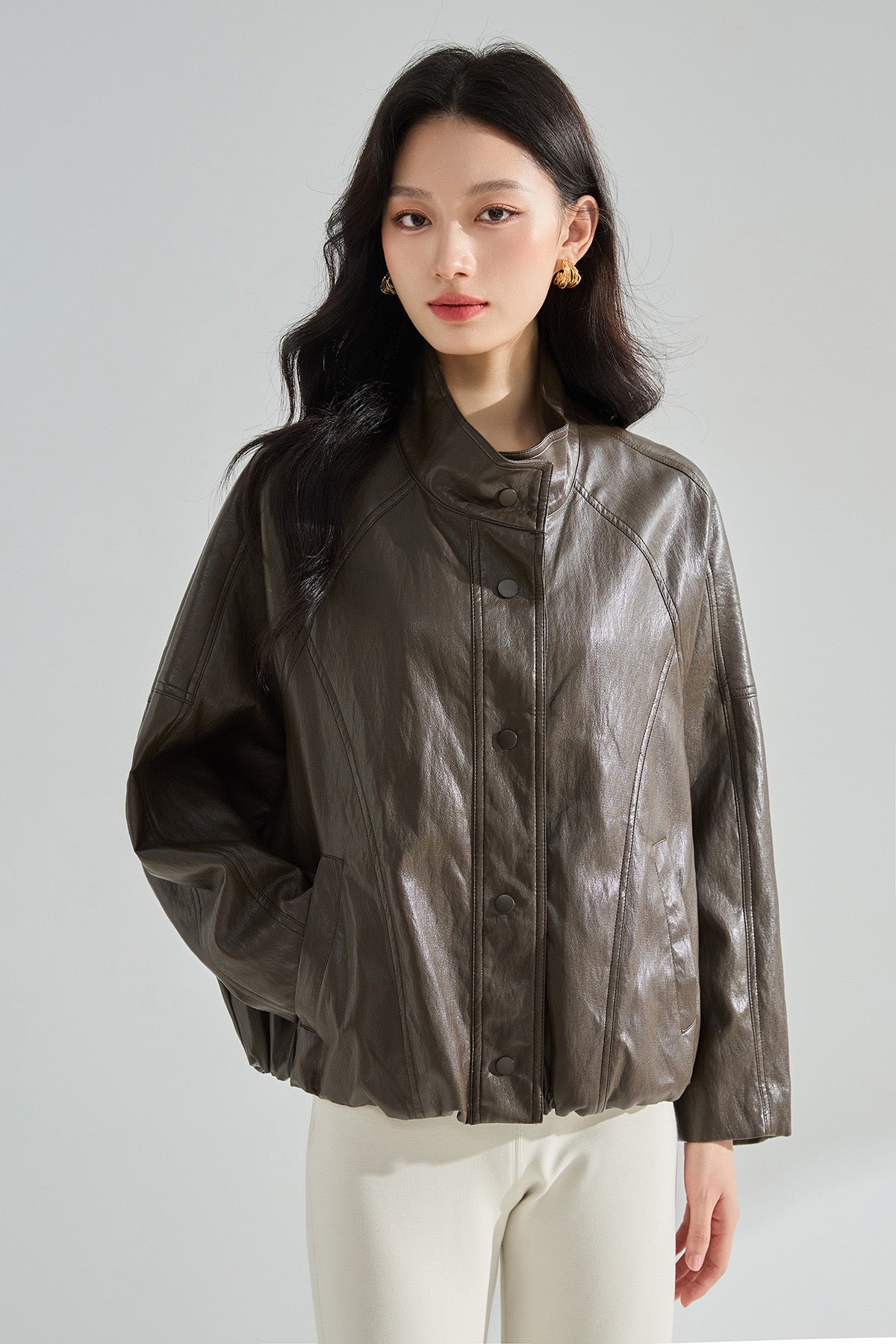 Sorelle Dik Yaka Oversize Suni Deri Ceket