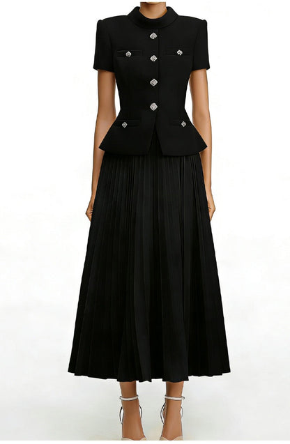 Chic Buttoned Blazer & Pleated Midi Skirt Set
