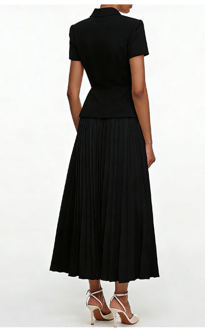 Chic Buttoned Blazer & Pleated Midi Skirt Set