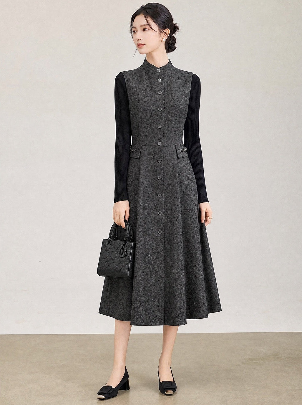 Margot Vintage Dik Yaka Midi Elbise