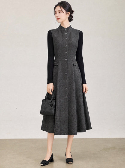 Margot Vintage Dik Yaka Midi Elbise