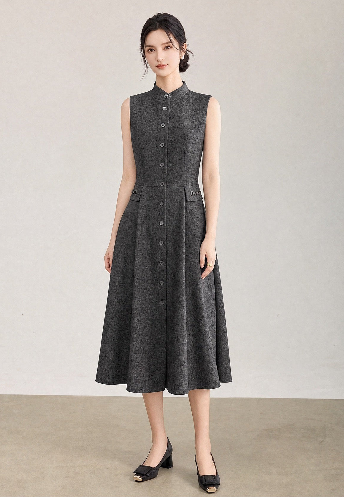 Margot Vintage Dik Yaka Midi Elbise