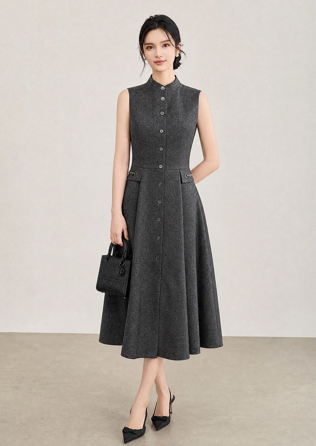 Margot Vintage Dik Yaka Midi Elbise