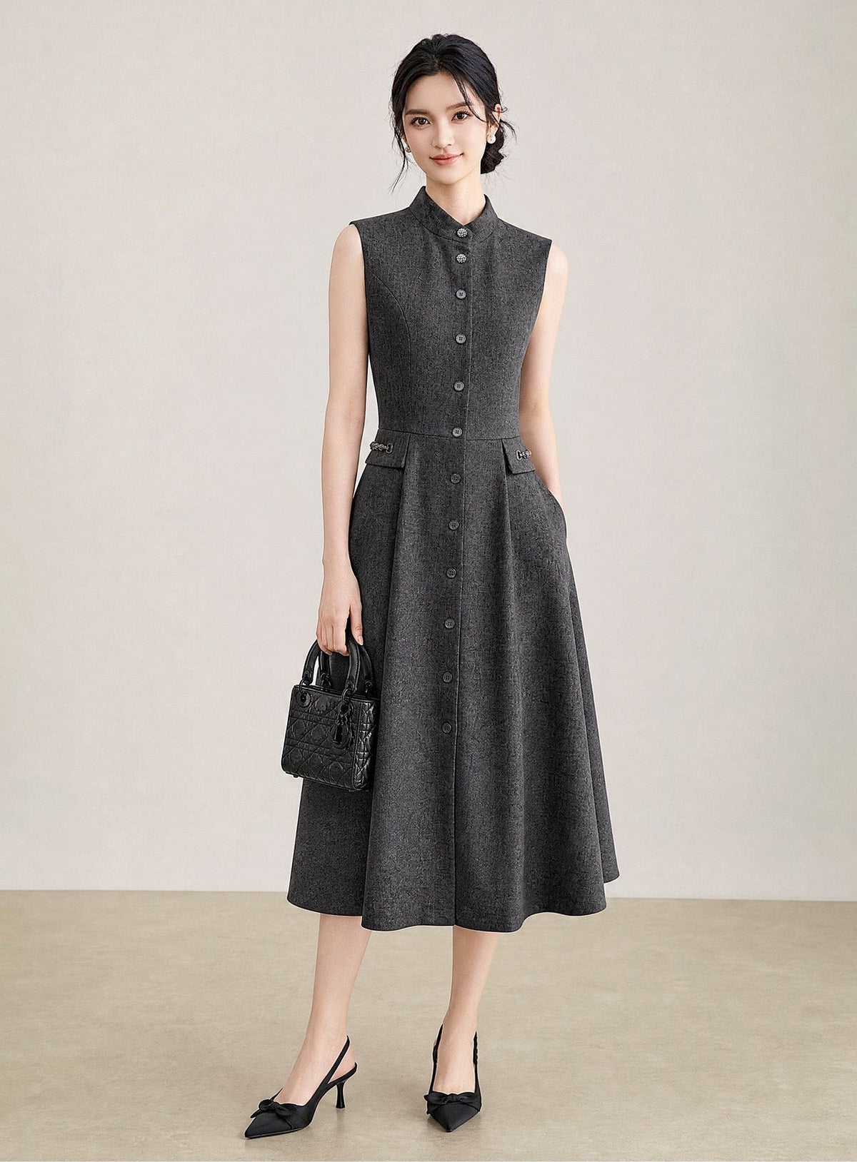 Margot Vintage Dik Yaka Midi Elbise