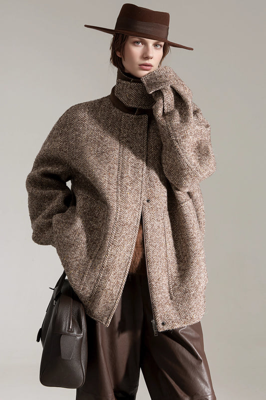 Lüks Herringbone Desenli Kısa Yün Kaban